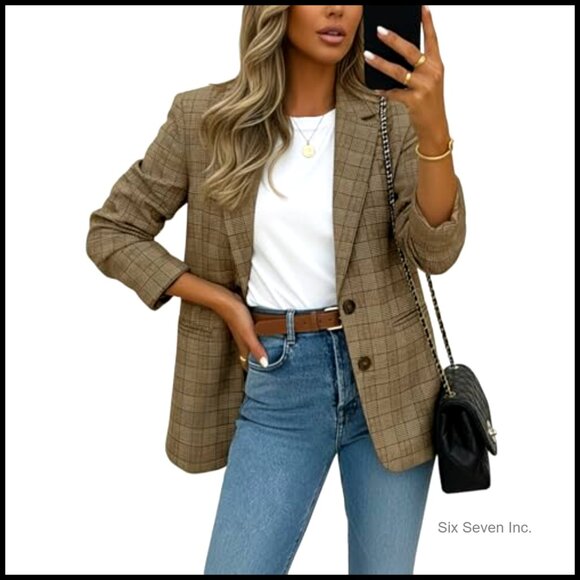 Polyester Blend Plaid Houndstooth Blazer Fully-Lined Loose Fit Work Office - Picture 2 of 6